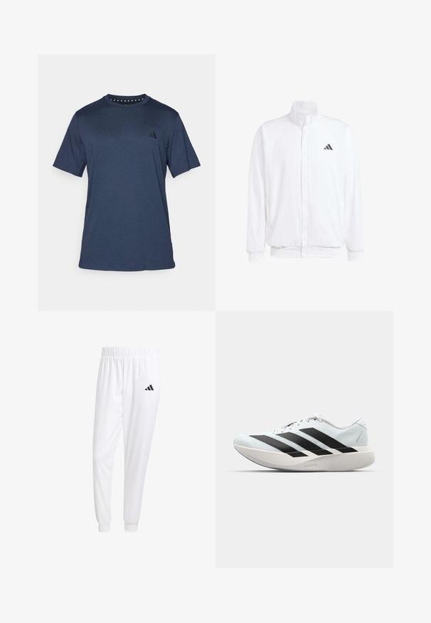 Hvid letvægtsjakke med en ståkrave, frontlynlås, sidelommer og et sort Adidas-logo på venstre bryst. Blød tekstur.; adidas Performance TRAIN ESSENTIALS COMFORT - Sports T-shirts - aurora ink/black; Hvide sportsbukser lavet af glat stof, med elastisk talje og tætsiddende manchetter, og med et sort logo på baglommen.; Letvægtige løbesko i lys blå med sorte striber. Har en glat overdel, rund tå og tyk hvid mellemsål mærket "LIGHTSTRIKE PRO."