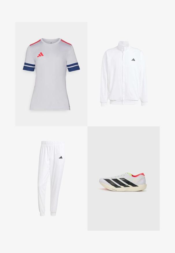 Fehér, könnyű dzseki, álló gallérral, elülső cipzáros záródással, oldalsó zsebekkel és fekete Adidas logóval a bal mellen. Puha tapintású.; Fél hosszú ujjú fehér sportpóló piros és sötétkék részletekkel. Az Adidas logójával rendelkezik, csíkos sötétkék ujjak és kerek nyak kialakítással.; Fehér sportnadrág sima anyagból, rugalmas derékpánttal és szűkített bokákkal, a hátsó zsebében fekete logóval.; Fehér futócipő fekete csíkokkal, neon zöld részletekkel és piros sarokkal. Könnyű dizájnnal és texturált talppal rendelkezik a tapadás érdekében.