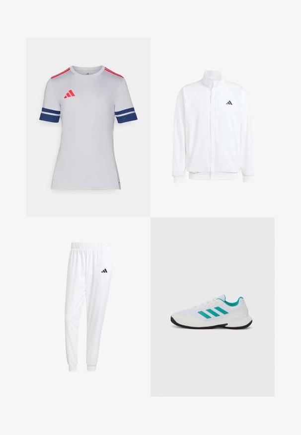 Vit lättviktsjacka med ståkrage, framdragkedja, sidofickor och en svart Adidas-logotyp på vänster bröst. Mjuk textur.; Kortärmad vit träningsskjorta med röda och marinblå detaljer. Innehåller Adidas-logotyp, randiga marinblå ärmar och en rund halsdesign.; Vita atletiska byxor gjorda av slät tyg, med resårmidja och åtsittande manschetter, samt en svart logotyp på bakfickan.; Vit sportskor med turkosa accenter, mesht överdel, tre parallella ränder på sidan, strukturerad häl och en svart gummisula.