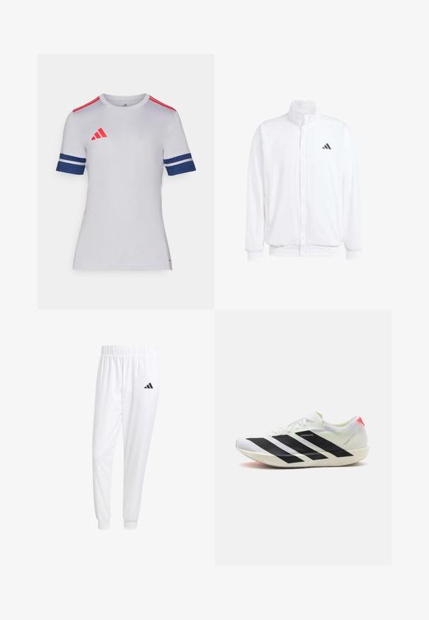 Valkoinen kevyt takki, jossa on pystysuora kaulus, etuvetoketju, sivutaskut ja musta Adidas-logo vasemmassa rinnassa. Pehmeä rakenne.; Lyhythihainen valkoinen urheilupaita, jossa on punaisia ja tummansiniä yksityiskohtia. Paidassa on Adidas-logo, raidalliset tummansiniset hihat ja pyöreä kauluksen muoto.; Valkoiset urheiluhousut, jotka on valmistettu sileästä kankaasta, jossa on joustava vyötärö ja istuvat hihat, ja joissa on musta logo takataskussa.; Valkoinen urheilukenkä, jossa on mustat vinoviivat, kevyestä verkkomateriaalista valmistettu, vihreät yksityiskohdat ja punainen kantapää; siinä on sulavalinjainen, pitkänomainen muotoilu.