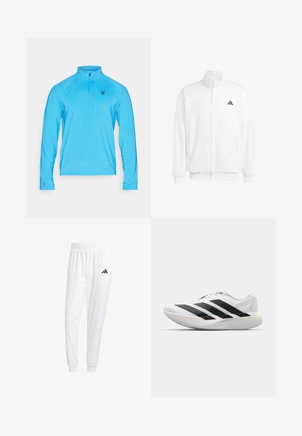 Casaco leve branco com colarinho alto, fecho frontal com zipper, bolsos laterais e um logótipo preto da Adidas no peito esquerdo. Textura suave.; Spyder GRIDWEB 1/2 ZIP - Camisola de manga comprida - aether blue; Calças esportivas brancas feitas de tecido suave, com uma cintura elástica e punhos ajustados, apresentando um logo preto no bolso de trás.; Tênis de corrida leves em azul pálido com riscas pretas. Apresentam um cabedal liso, bico redondo e uma entressola espessa branca rotulada como "LIGHTSTRIKE PRO."