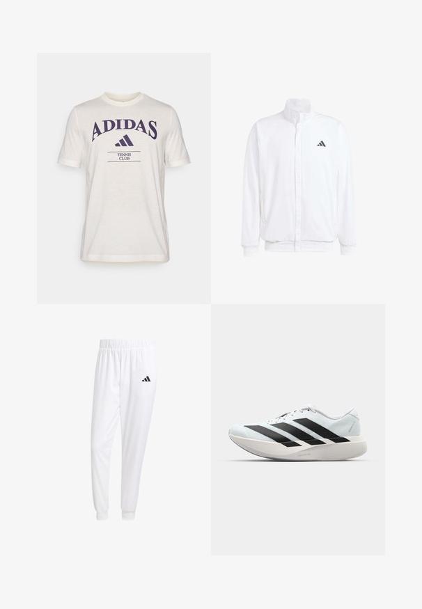 Bijela lagana jakna s visokim ovratnikom, prednjim zatvaračem, bočnim džepovima i crnim Adidas logom na lijevoj sisi. Mekana tekstura.; Krem majica s kratkim rukavima, s velikim ljubičastim logotipom "ADIDAS" i natpisom "TENNIS CLUB" u tamnoljubičastoj boji ispod.; Bijele atletske hlače od glatkog materijala, sa elastičnom vrpcom u struku i pripijenim manžetama, sa crnim logom na stražnjem džepu.; Lagane tenisice za trčanje u svijetloplavoj boji s crnim trakama. Imaju glatku gornju površinu, okrugli vrh i debeli bijeli srednji sloj označen "LIGHTSTRIKE PRO."