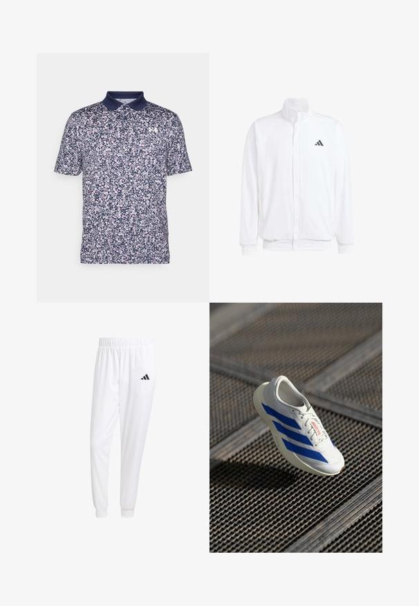 Biela ľahká bunda so stojáčikovým golierom, predným zipsom, bočnými vreckami a čiernym logom Adidas na ľavej hrudi. Mäkčená štruktúra.; Námornícky polokošeľový tričko s krátkym rukávom s kvetinovým vzorom v ružovej a bielej farbe. Má golier v jednej farbe a malé logo na hrudníku.; Biele športové nohavice z hladkej tkaniny, s elastickým pásom a priliehavými manžetami, s čiernym logom na zadnej vrecku.; Biele športové tenisky s modrými pruhmi, ľahký dizajn, sieťovina horná časť, šnurovacie uzavretie a textúrovaná gumová podrážka, plávajúce nad mriežkovou plochou.