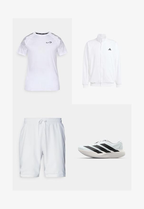 Casaco leve branco com colarinho alto, fecho frontal com zipper, bolsos laterais e um logótipo preto da Adidas no peito esquerdo. Textura suave.; Endless FEISTY HEXAGON - T-shirt estampada - white; Calções atléticos brancos com um cós elástico e cordão ajustável. Tecido suave com uma textura subtil, apresentando bolso laterais.; Tênis de corrida leves em azul pálido com riscas pretas. Apresentam um cabedal liso, bico redondo e uma entressola espessa branca rotulada como "LIGHTSTRIKE PRO."