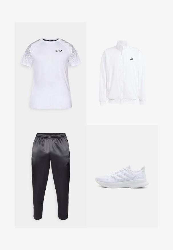 Giacca leggera bianca con colletto alto, chiusura frontale con zip, tasche laterali e logo Adidas nero sul lato sinistro del petto. Texture morbida.; Endless FEISTY HEXAGON - T-shirt con stampa - white; Pantaloni sportivi neri realizzati in un tessuto leggero e liscio con una vita elastica. Presentano un piccolo logo sul lato sinistro e gambe affusolate.; Scarpe sportive bianche con tomaia in mesh texturato, suola ammortizzata e supportiva, e design a tre strisce sul lato.
