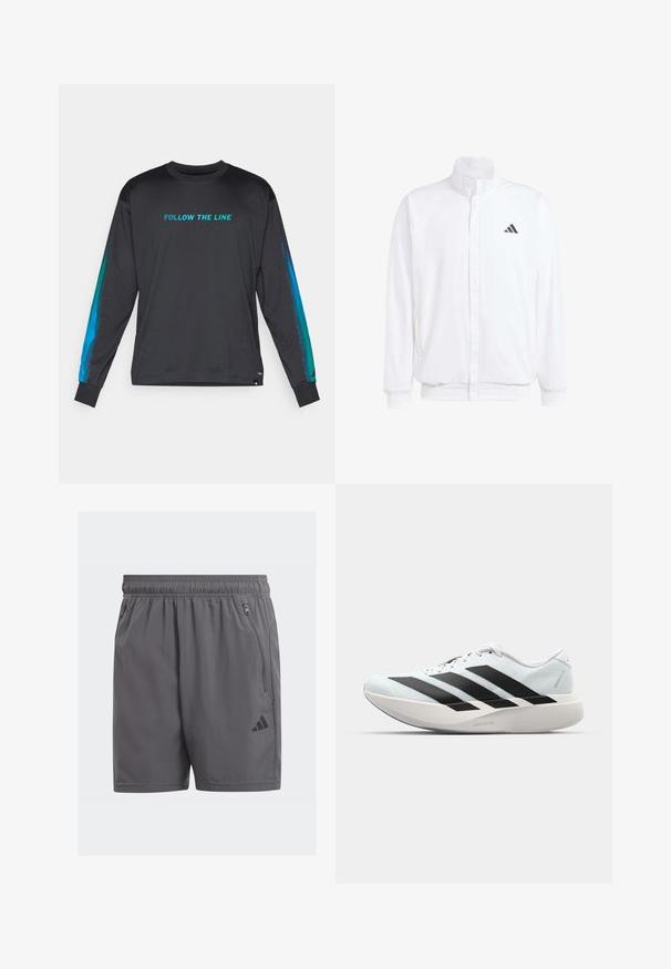 Bijela lagana jakna s visokim ovratnikom, prednjim zatvaračem, bočnim džepovima i crnim Adidas logom na lijevoj sisi. Mekana tekstura.; Crna majica dugih rukava s natpisom "SLIJEDI CRTU" u tirkiznoj boji. Ima plave gradiijentne naglaske na rukavima i dizajn s okruglim izrezom.; Sive kratke sportske hlače s elastičnim pojasom, bočnim zatvaračima i crnim logotipom. Lagane, glatke teksture i dužine do koljena.; Lagane tenisice za trčanje u svijetloplavoj boji s crnim trakama. Imaju glatku gornju površinu, okrugli vrh i debeli bijeli srednji sloj označen "LIGHTSTRIKE PRO."