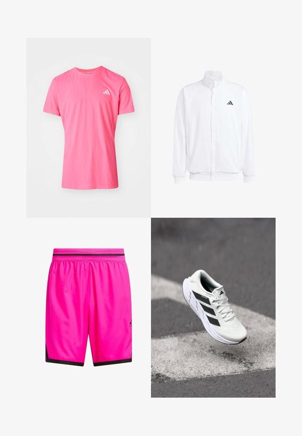Vit lättviktsjacka med ståkrage, framdragkedja, sidofickor och en svart Adidas-logotyp på vänster bröst. Mjuk textur.; Rosa t-shirt med kort ärm och rundad halsringning, tillverkad av mjukt material, med en subtil textur och en liten vit Adidas-logotyp på bröstet.; adidas Performance CRAZYLITE - Träningsshorts - shock pink black; Vitt sportskor med strukturerad mesh-överkant, svarta ränder, snörning och en dämpad sula, svävande över en markerad väg.
