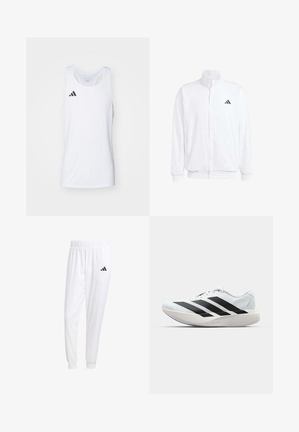 Jachetă albă ușoară, cu guler în picioare, închidere cu fermoar în față, buzunare laterale și un logo Adidas negru pe pieptul stâng. Textură moale.; Top de sport fără mâneci, de culoare albă, realizat dintr-un material ușor, cu logo-ul negru Adidas pe pieptul stâng și decolteu în formă de râpă.; Pantaloni sport albi dintr-un material neted, cu un brâu elastic și mansete ajustate, având un logo negru pe buzunarul din spate.; Pantofi de alergare ușori în albastru deschis cu dungi negre. Au un superior neted, vârf rotund și o intermediară groasă albă etichetată "LIGHTSTRIKE PRO."