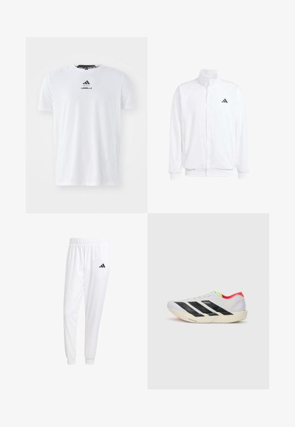 Witte lichtgewicht jas met een staande kraag, voorzijde met rits, zijzakken en een zwart Adidas-logo op de linkerborst. Zachte textuur.; Witte sportt-shirt van lichtgewicht stof. Heeft een ronde hals, korte mouwen en een zwart "LES MILLS" logo op de voorkant.; Witte sportbroek van gladde stof, met een elastische tailleband en smalle taillebanden, voorzien van een zwart logo op de achterzak.; Witte hardloopschoen met zwarte strepen, neon groene accenten en een rode hak. Beschikt over een lichtgewicht ontwerp en een gestructureerde zool voor grip.