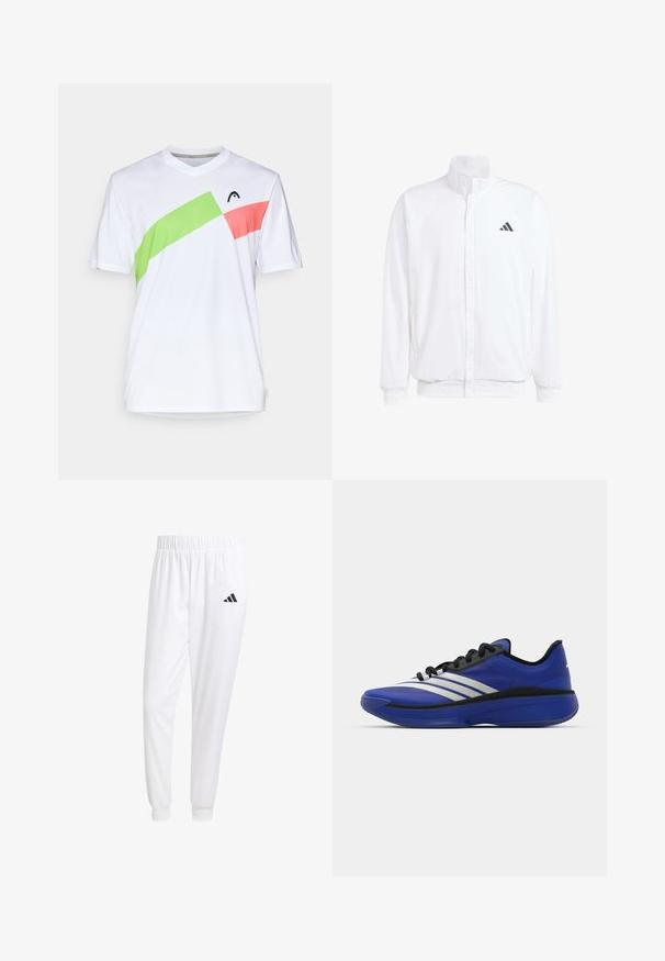 Biela ľahká bunda so stojáčikovým golierom, predným zipsom, bočnými vreckami a čiernym logom Adidas na ľavej hrudi. Mäkčená štruktúra.; Biela športová košeľa s výstrihom do V, s diagonálnymi akcentmi v zelenej a ružovej farbe. Vyrobená z ľahkej, priedušnej tkaniny.; Biele športové nohavice z hladkej tkaniny, s elastickým pásom a priliehavými manžetami, s čiernym logom na zadnej vrecku.; adidas Performance ADIZERO SELECT 3.0 - Basketbalová obuv - lucid blue/core black/metallic