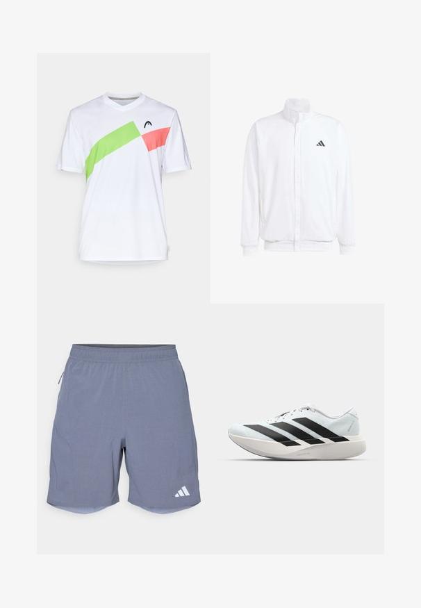 Witte lichtgewicht jas met een staande kraag, voorzijde met rits, zijzakken en een zwart Adidas-logo op de linkerborst. Zachte textuur.; Witte sportieve shirt met een V-hals, voorzien van diagonale accenten in groen en roze. Gemaakt van lichtgewicht, ademende stof.; adidas Performance Korte broeken - onix; Lichte hardloopschoenen in lichtblauw met zwarte strepen. Beschikt over een soepele bovenkant, ronde neusstuk en dikke witte tussenzool met het label "LIGHTSTRIKE PRO."