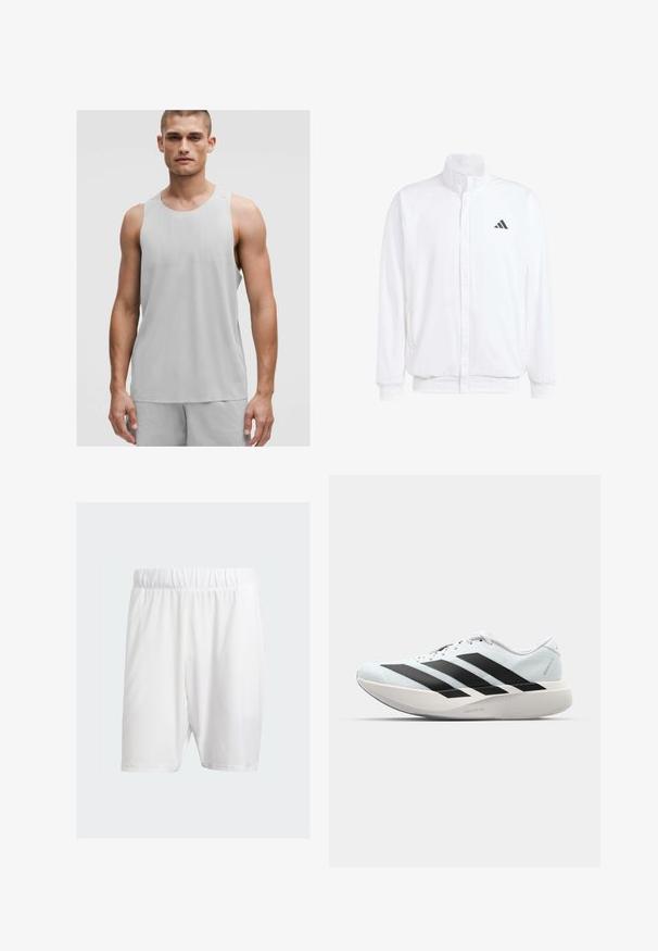 Biała lekka kurtka z podwyższonym kołnierzem, przednim zamkiem błyskawicznym, bocznymi kieszeniami oraz czarnym logo Adidas na lewej piersi. Miękka tekstura.; Jasnoszary sportowy top bez rękawów z okrągłym dekoltem, wykonany z oddychającego materiału z subtelnymi detalami tekstury.; Białe szorty sportowe wykonane z lekkiego materiału, z elastycznym paskiem w talii, gładką fakturą i długością sięgającą kolan.; Lekkie buty do biegania w jasnoniebieskim kolorze z czarnymi pasami. Posiadają gładką cholewkę, okrągły nosek oraz grubą białą podeszwę środkową oznaczoną "LIGHTSTRIKE PRO."