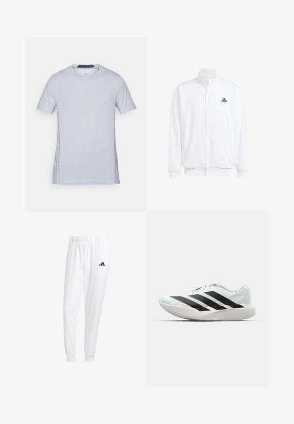 Balta lengva striukė su stovinčiu apykaklės, priekyje užtrauktuku, šoninėmis kišenėmis ir juodu Adidas logotipu kairėje krūtinės pusėje. Minkšta tekstūra.; Šviesiai pilka sportinė marškinėlių su trumpomis rankovėmis, apvalia iškirpte ir subtiliu logotipu priekyje. Minkšta medžiaga, lygi tekstūra ir šoninės akcentų detalės.; Balti sportiniai keliaraiščiai, pagaminti iš lygios medžiagos, su elastinga liemene ir priglundančiais rankogaliais, ant galinio kišenės yra juodas logotipas.; Lengvi bėgimo batai šviesiai mėlynos spalvos su juodomis juostelėmis. Yra lygus viršus, apvalus pirštas ir storas baltas vidpadis su užrašu "LIGHTSTRIKE PRO."