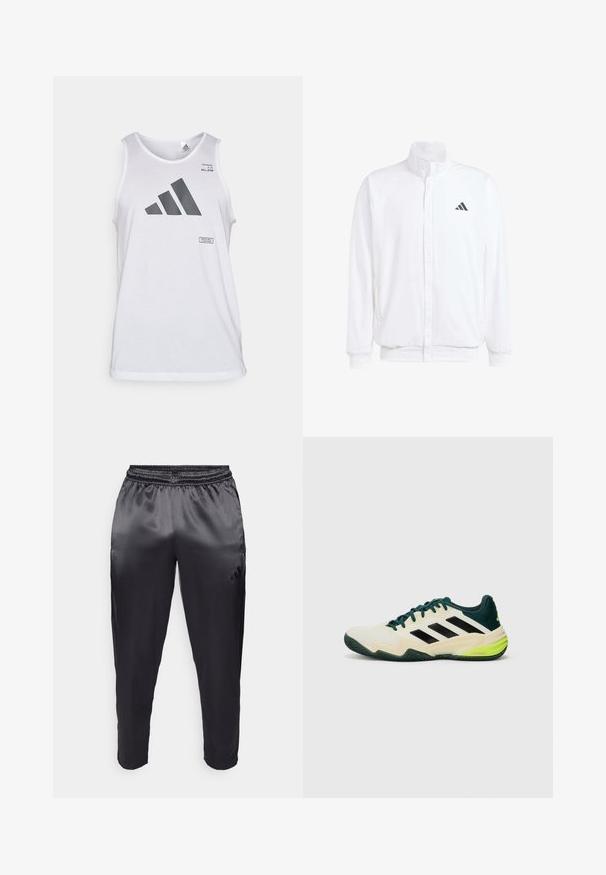 Bela lahka jakna s stojčnim ovratnikom, sprednjim zadrgo, stranskimi žepi in črnimi Adidasovimi logotipi na levem prsnem delu. Mehak material.; adidas Performance ALL GYM CATEGORY GRAPHIC - Top - white; Črne športne hlače iz gladkega, lahkega materiala z elastičnim pasom. Imajo majhen logotip na levi strani in zožene hlačnice.; Tenis čevlji s kremnim zgornjim delom, črnimi črtami, zelenimi dodatki in teksturirano gumijasto podplatom za oprijem. Narejeni so iz sintetičnih materialov.