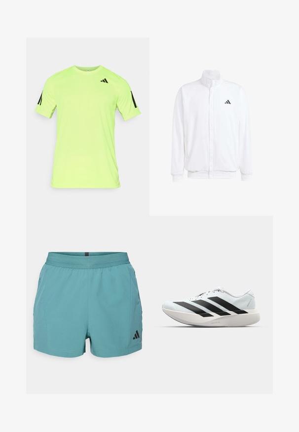 Valge kerge jakk, millel on seisev krae, ees lukuga kinnitus, küljetaskud ja must Adidas logo vasakul rinnal. Pehme tekstuur.; Neoonkollane lühikeste varrukatega spordipaita niiskust eemaldava kangaga, millel on must Adidas logo ja triibud varrukatel.; Tõhusad teokelaga teal värvi sportlühikesed püksid, millel on tekstuuriga vöökoht, küljetaskud ja must Adidas logo paremal alapoole. Kerge kangas.; Kerged jooksujalatsid helesinises värvuses mustade triipudega. Omavad siledat pealispinda, ümarat varvase osa ja paksu valget vahemõõtu, millel on silt "LIGHTSTRIKE PRO".