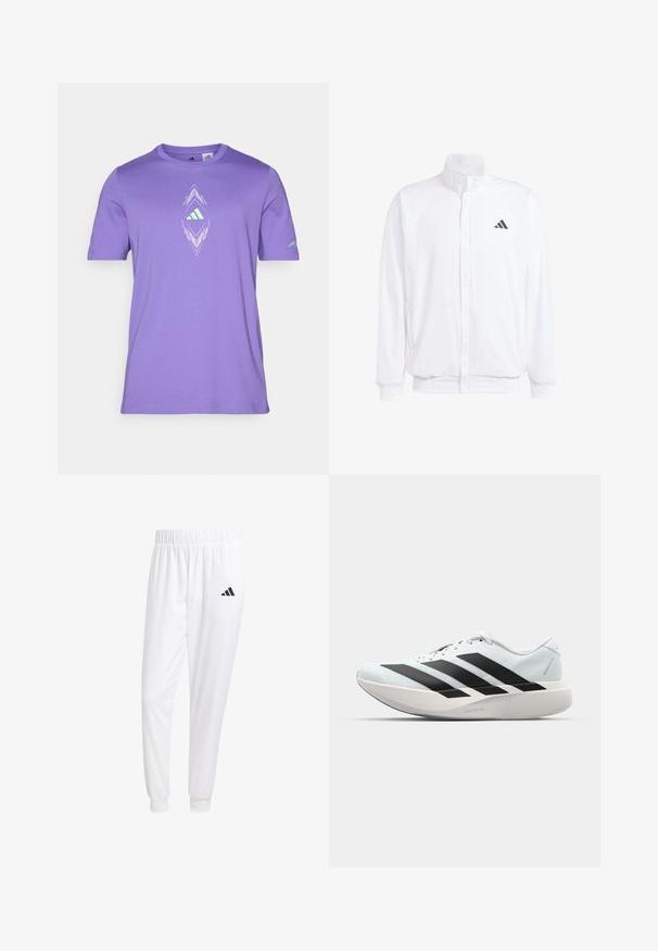 Balta lengva striukė su stovinčiu apykaklės, priekyje užtrauktuku, šoninėmis kišenėmis ir juodu Adidas logotipu kairėje krūtinės pusėje. Minkšta tekstūra.; Violet trumpas rankovės marškinėliai, pagaminti iš minkštos medžiagos, su centrine balta ir žalia grafika, kurioje yra deimanto forma ir logotipo detalė.; Balti sportiniai keliaraiščiai, pagaminti iš lygios medžiagos, su elastinga liemene ir priglundančiais rankogaliais, ant galinio kišenės yra juodas logotipas.; Lengvi bėgimo batai šviesiai mėlynos spalvos su juodomis juostelėmis. Yra lygus viršus, apvalus pirštas ir storas baltas vidpadis su užrašu "LIGHTSTRIKE PRO."