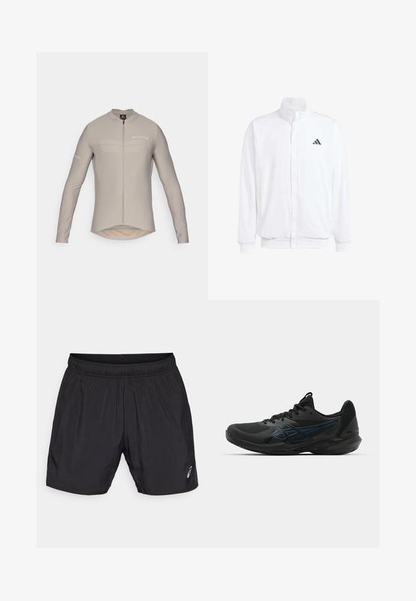 Witte lichtgewicht jas met een staande kraag, voorzijde met rits, zijzakken en een zwart Adidas-logo op de linkerborst. Zachte textuur.; Licht beige lange mouw fietsjersey met een hoge kraag, rits aan de voorkant en subtiele logo-details. Heeft een verlengd achterpand en een gladde stofstructuur.; Zwarte sportshorts gemaakt van lichtgewicht materiaal, met een elastische tailleband en een klein logo aan de onderkant van de linkerkant.; ASICS SOLUTION SPEED FF 3 CLAY - Tennisschoenen voor kleibanen - black/prism blue