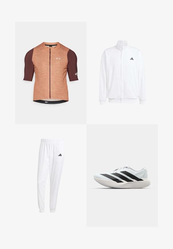 White lightweight jacket featuring a stand collar, front zipper closure, side pockets, and a black Adidas logo on the left chest. Soft texture.; Short-sleeve cycling jersey in orange and dark brown. Textured fabric with a front zipper and branding on the sleeve. Smooth, athletic fit.; White athletic pants made of smooth fabric, featuring an elastic waistband and fitted cuffs, with a black logo on the back pocket.; Lightweight running shoes in pale blue with black stripes. Features a smooth upper, round toe, and thick white midsole labeled "LIGHTSTRIKE PRO."