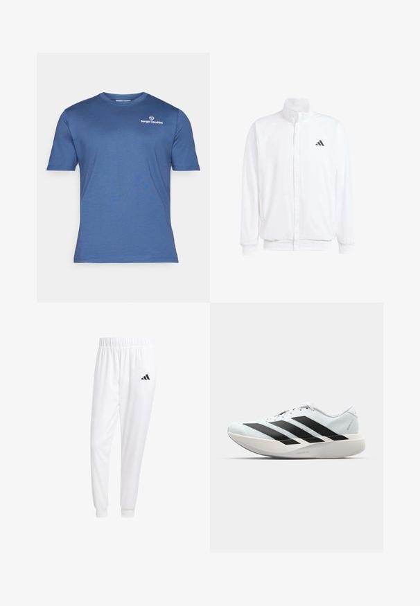 White lightweight jacket featuring a stand collar, front zipper closure, side pockets, and a black Adidas logo on the left chest. Soft texture.; Blue short-sleeve t-shirt made of smooth fabric. Features a crew neckline and a small white logo on the upper left side.; White athletic pants made of smooth fabric, featuring an elastic waistband and fitted cuffs, with a black logo on the back pocket.; Lightweight running shoes in pale blue with black stripes. Features a smooth upper, round toe, and thick white midsole labeled "LIGHTSTRIKE PRO."