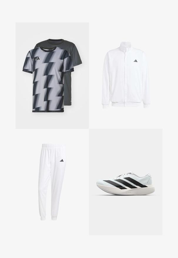Bela lahka jakna s stojčnim ovratnikom, sprednjim zadrgo, stranskimi žepi in črnimi Adidasovimi logotipi na levem prsnem delu. Mehak material.; Dve majice s kratkimi rokavi: ena siva z rahlo teksturo, druga z črno-belo zigzag vzorcem, obe z okroglim izrezom.; Bele atletske hlače iz gladkega materiala, z elastičnim pasom in prilagojenimi manšetami, na zadnjem žepu pa je črna logo.; Lahki tekaški čevlji v svetlo modri barvi z belimi črtami. Imajo gladek zgornji del, okroglo kapico in debel bel srednji podplat z označbo "LIGHTSTRIKE PRO."