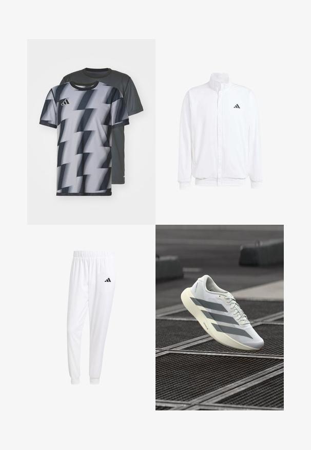 Valge kerge jakk, millel on seisev krae, ees lukuga kinnitus, küljetaskud ja must Adidas logo vasakul rinnal. Pehme tekstuur.; Kaks lühikeste varrukatega T-särki: üks hall, millel on peen tekstuur, teine musta ja valge kolmnurkse mustriga, mõlemad ümarate kaelustega.; Valged sportpüksid, mis on valmistatud siledast kangast, omavad elastset vöökohta ja kitsaid mansette, tagakoti peal on must logo.; Valge sportlik jalanõu tekstureeritud võrgus ülaosaga, hallide triipude ja pehmendusega tallaga. Kerge disain, sobib jooksmiseks.