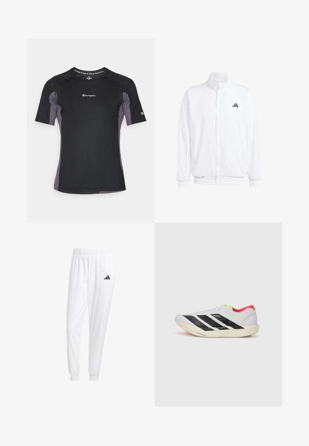 Bela lahka jakna s stojčnim ovratnikom, sprednjim zadrgo, stranskimi žepi in črnimi Adidasovimi logotipi na levem prsnem delu. Mehak material.; Kratka športna majica s kratkimi rokavi v črni barvi z sivo poudarjenimi detajli. Ima zračna tkanina, okroglo ovratnico in majhen logotip na prsih.; Bele atletske hlače iz gladkega materiala, z elastičnim pasom in prilagojenimi manšetami, na zadnjem žepu pa je črna logo.; Bela športna obutev z črnimi črtami, neonsko zelenimi poudarki in rdečo peto. Ima lahko zasnovo in teksturiran podplat za dober oprijem.