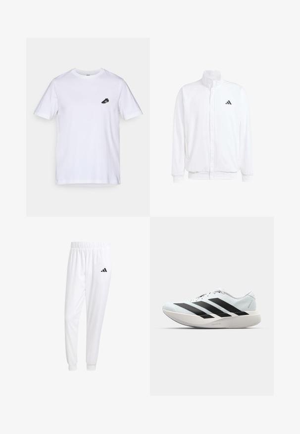 Vit lättviktsjacka med ståkrage, framdragkedja, sidofickor och en svart Adidas-logotyp på vänster bröst. Mjuk textur.; Vit bomullströja med korta ärmar och rund halsringning; har en liten svart fotbollssko-grafik på vänster bröst.; Vita atletiska byxor gjorda av slät tyg, med resårmidja och åtsittande manschetter, samt en svart logotyp på bakfickan.; Lätta löparskor i ljusblått med svarta ränder. Har en slät ovandel, rund tå och tjock vit mellansula märkt "LIGHTSTRIKE PRO."