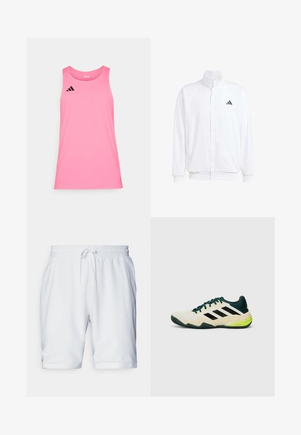 Hvid letvægtsjakke med en ståkrave, frontlynlås, sidelommer og et sort Adidas-logo på venstre bryst. Blød tekstur.; Lyserød atletisk tanktop lavet af letvægtsmateriale, med rund halsudskæring og uden ærmer. Har det sorte Adidas-logo på venstre bryst.; Hvide sportsshorts med elastisk talje og justerbar snor. Glat stof med en diskret tekstur, der har sidelommer.; Tennis sko med en cremefarvet overdel, sorte striber, grønne detaljer og en struktureret gummisål for greb. Fremstillet af syntetiske materialer.