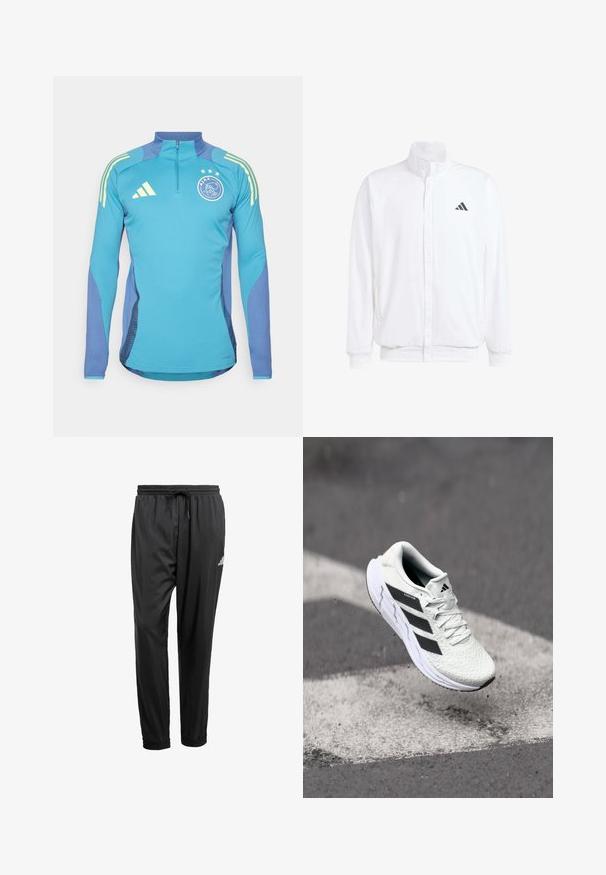 White lightweight jacket featuring a stand collar, front zipper closure, side pockets, and a black Adidas logo on the left chest. Soft texture.; adidas Performance AJAX AMSTERDAM TRAINING TOP - Long sleeved top - tactile steel; Black athletic pants with elastic waistband, drawstring, cuffed ankles, and a small white logo on the right thigh.; White athletic shoe with textured mesh upper, black stripes, lace closure, and a cushioned sole, levitating above a marked road surface.