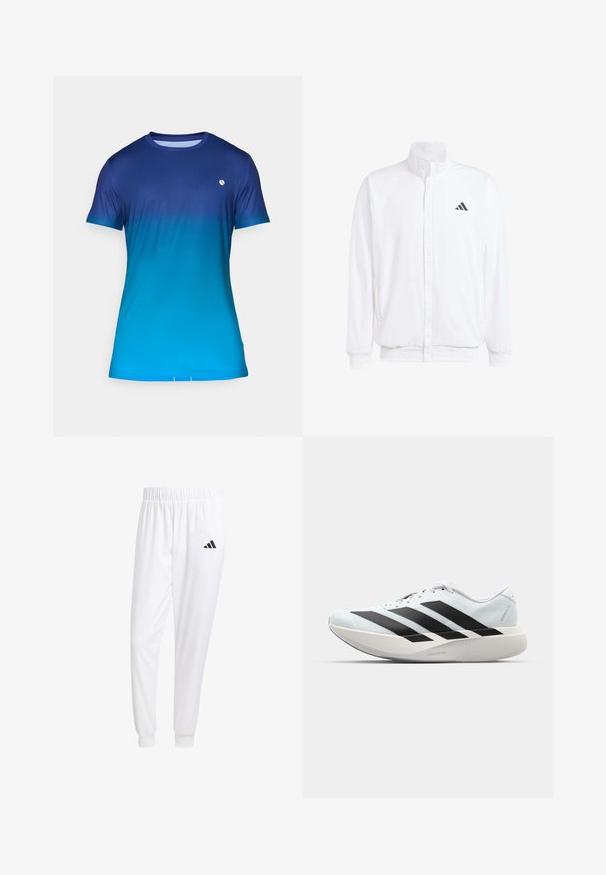 Biała lekka kurtka z podwyższonym kołnierzem, przednim zamkiem błyskawicznym, bocznymi kieszeniami oraz czarnym logo Adidas na lewej piersi. Miękka tekstura.; Niebieski gradientowy t-shirt z krótkim rękawem, charakteryzujący się gładką teksturą, okrągłym dekoltem oraz małym logo na piersi.; Białe sportowe spodnie z gładkiego materiału, z elastycznym pasem w talii i dopasowanymi mankietami, z czarnym logo na tylnej kieszeni.; Lekkie buty do biegania w jasnoniebieskim kolorze z czarnymi pasami. Posiadają gładką cholewkę, okrągły nosek oraz grubą białą podeszwę środkową oznaczoną "LIGHTSTRIKE PRO."
