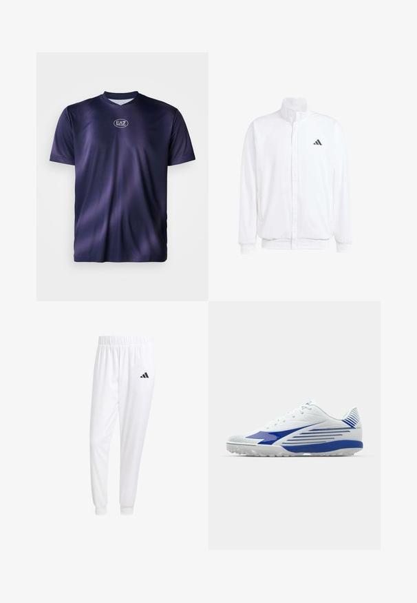 Balta lengva striukė su stovinčiu apykaklės, priekyje užtrauktuku, šoninėmis kišenėmis ir juodu Adidas logotipu kairėje krūtinės pusėje. Minkšta tekstūra.; Jūros mėlynos spalvos trumpomis rankovėmis marškinėliai, pagaminti iš sklandžios medžiagos, su apykakle ir EA7 logotipu ant krūtinės. Paprastas, lengvas dizainas su subtiliu blizgesiu.; Balti sportiniai keliaraiščiai, pagaminti iš lygios medžiagos, su elastinga liemene ir priglundančiais rankogaliais, ant galinio kišenės yra juodas logotipas.; Balti sportiniai bateliai su mėlynais akcentais, tekstūruotas tinklelis viršuje, kreivė dizainas ir guminis padas su sukibimo raštais. Su raištelių uždarymu, užtikrinančiu tvirtą prigludimą.