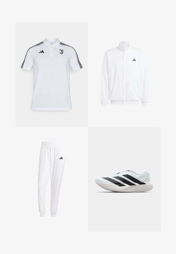 Balts viegls jaciņš ar stāvo apkakli, priekšējo rāvējslēdzēju, sānu kabatām un melnu Adidas logo kreisajā krūtī. Mīksta tekstūra.; Balts polo krekls ar trim melnām svītrām uz katra pleca, melna Adidas zīme un Juventus emblēma uz krūtīm. Pārsvarā kokvilnas audums.; Baltas sporta bikses, kas izgatavotas no gludas auduma, ar elastīgu jostu un pieguļošiem uzmavām, ar melnu logotipu aizmugurējā kabatā.; Gaiši zili vieglie skriešanas apavi ar melniem svītrainiem. Iezīmēti ar gludu augšpusi, apaļu purngalu un biezāko balto vidējo zoli, kurā ir uzraksts "LIGHTSTRIKE PRO."