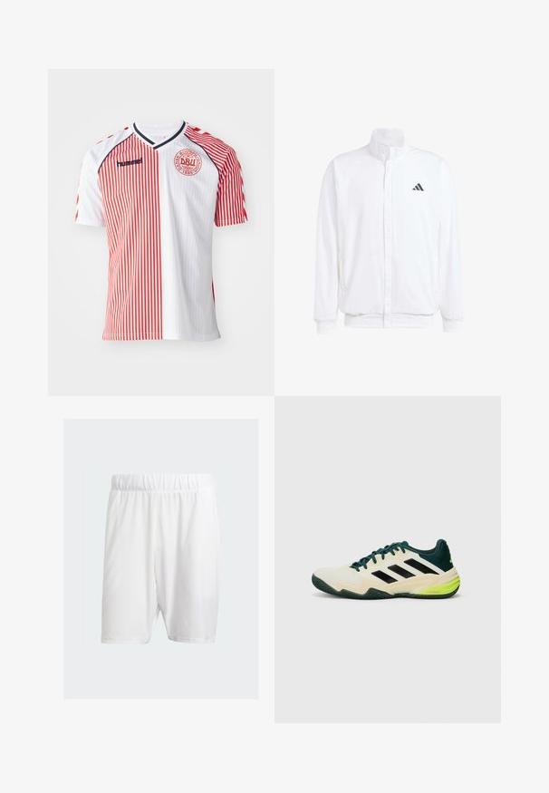 Vit lättviktsjacka med ståkrage, framdragkedja, sidofickor och en svart Adidas-logotyp på vänster bröst. Mjuk textur.; Röd och vit randig kortärmad tröja med V-ringning, med logotyp på bröstet och kontrasterande blå detaljer på axlarna.; Vita atletiska shorts i lätt tyg, med elastisk midja, slät yta och knälång längd.; Tennisskor med en krämfärgad ovandel, svarta ränder, gröna detaljer och en texturerad gummisula för bättre grepp. Tillverkade av syntetiska material.