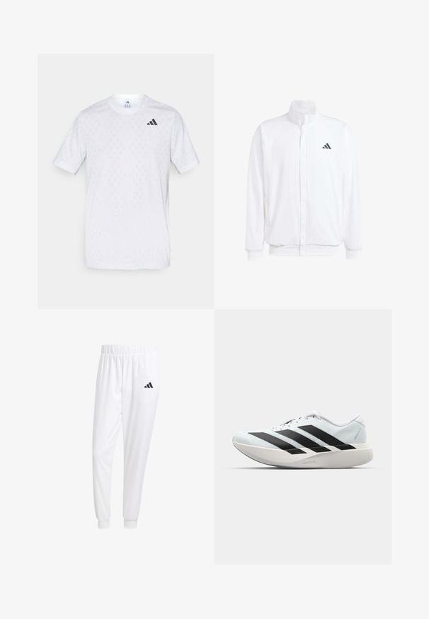 Vit lättviktsjacka med ståkrage, framdragkedja, sidofickor och en svart Adidas-logotyp på vänster bröst. Mjuk textur.; Vit t-shirt med kort ärm som har ett subtilt diamantmönster, tillverkad av lättviktig tyg, med en svart adidas-logotyp på bröstet.; Vita atletiska byxor gjorda av slät tyg, med resårmidja och åtsittande manschetter, samt en svart logotyp på bakfickan.; Lätta löparskor i ljusblått med svarta ränder. Har en slät ovandel, rund tå och tjock vit mellansula märkt "LIGHTSTRIKE PRO."