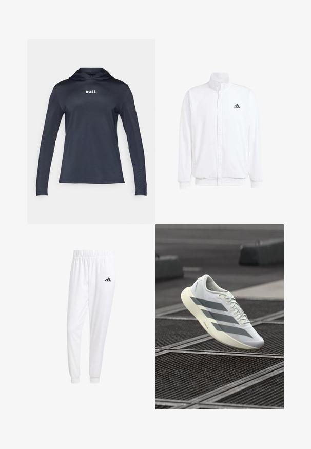Balta lengva striukė su stovinčiu apykaklės, priekyje užtrauktuku, šoninėmis kišenėmis ir juodu Adidas logotipu kairėje krūtinės pusėje. Minkšta tekstūra.; Jūrinė ilgos rankovės kapučino liemenė pagaminta iš lengvos, lygaus audinio. Dėlionė su styginiu gaubtu ir žodžiu "BOSS" spausdintu balta spalva ant krūtinės.; Balti sportiniai keliaraiščiai, pagaminti iš lygios medžiagos, su elastinga liemene ir priglundančiais rankogaliais, ant galinio kišenės yra juodas logotipas.; Balti sportbačiai su tekstūruotu tinklelio viršumi, pilkais dryžiais ir minkštu padu. Lengvo dizaino, tinkami bėgimui.