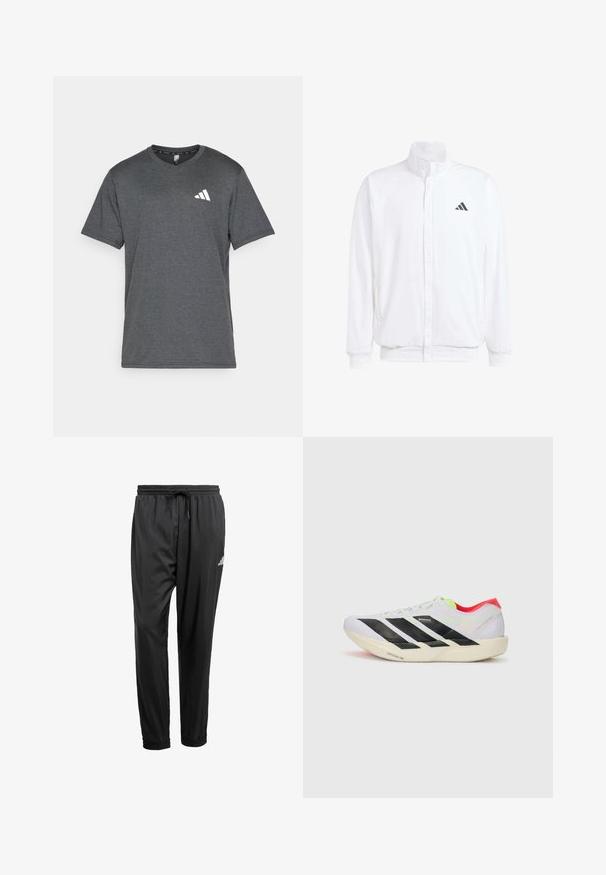 Valge kerge jakk, millel on seisev krae, ees lukuga kinnitus, küljetaskud ja must Adidas logo vasakul rinnal. Pehme tekstuur.; Tumehall sportliku stiiliga T-särk, mis on valmistatud hingavast kangast, lühikeste varrukatega ja valge logo aktsendiga vasakul rinnal. Struktureeritud pind.; Mustad mustvalged jooksupüksid elastse vöökohtaga, nööriga, mansettidega pahkluudel ja väike valge logo paremal reiel.; Valge jooksuking mustade triipudega, ere roheline aksessuaar ja punane konts. Omab kerget disaini ja tekstureeritud talla, mis tagab haarde.