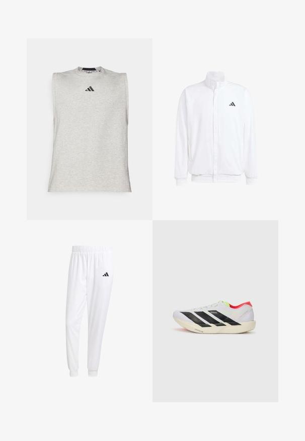 Balts viegls jaciņš ar stāvo apkakli, priekšējo rāvējslēdzēju, sānu kabatām un melnu Adidas logo kreisajā krūtī. Mīksta tekstūra.; Pelēks sporta krekls bez piedurknēm ar apaļu kakla izgriezumu. Uz krūtīm ir neliels melns Adidas logo. Izgatavots no mīksta, viegla auduma.; Baltas sporta bikses, kas izgatavotas no gludas auduma, ar elastīgu jostu un pieguļošiem uzmavām, ar melnu logotipu aizmugurējā kabatā.; Balti skrienamie apavi ar melnām svītrām, neona zaļiem akcentiem un sarkanu papēdi. Izceļas ar vieglu dizainu un teksturētu zoli, kas nodrošina labu saķeri.