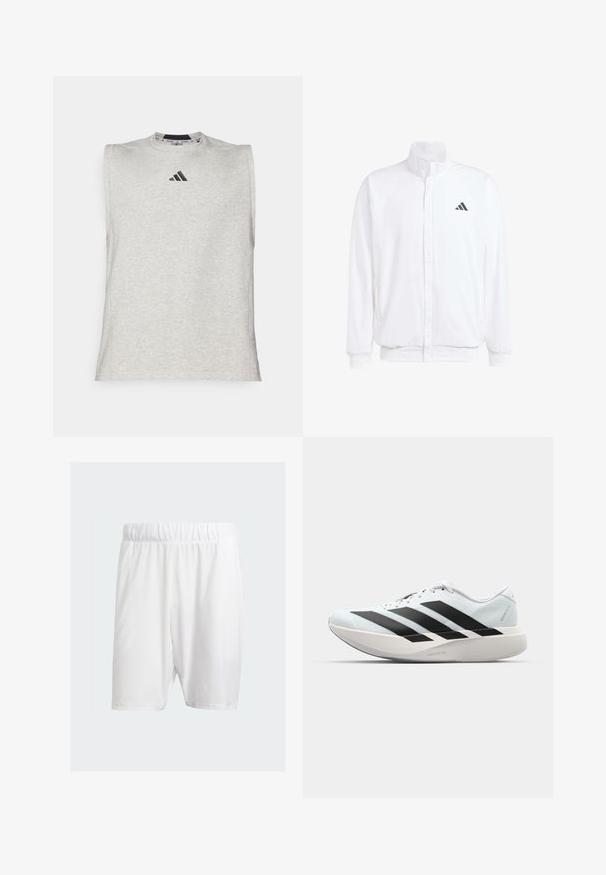 Witte lichtgewicht jas met een staande kraag, voorzijde met rits, zijzakken en een zwart Adidas-logo op de linkerborst. Zachte textuur.; Grijze mouwloze sportshirt met een ronde hals. Heeft een klein zwart Adidas-logo op de borst. Gemaakt van zachte, lichte stof.; Witte sportshorts van lichtgewicht stof, met een elastische tailleband, een gladde textuur en een knielengte.; Lichte hardloopschoenen in lichtblauw met zwarte strepen. Beschikt over een soepele bovenkant, ronde neusstuk en dikke witte tussenzool met het label "LIGHTSTRIKE PRO."