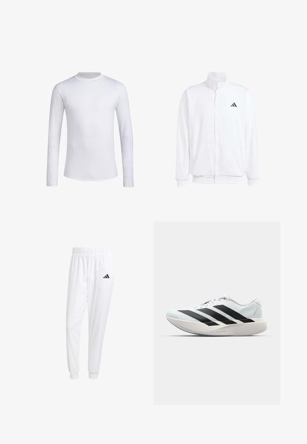 Veste légère blanche avec col montant, fermeture éclair sur le devant, poches latérales, et un logo Adidas noir sur la poitrine gauche. Texture douce.; T-shirt de sport à manches longues blanc, fabriqué en tissu lisse et extensible. Doté d'un col rond et d'une coupe aérodynamique, avec des détails subtils sur les manches.; Pantalons de sport blancs en tissu lisse, dotés d'une taille élastique et de poignets ajustés, avec un logo noir sur la poche arrière.; Baskets de course légères en bleu pâle avec des rayures noires. Elles présentent un dessus lisse, un embout rond et une semelle intermédiaire blanche épaisse étiquetée "LIGHTSTRIKE PRO".