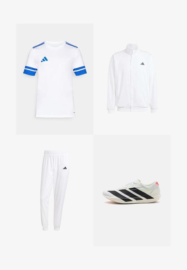 Casaco leve branco com colarinho alto, fecho frontal com zipper, bolsos laterais e um logótipo preto da Adidas no peito esquerdo. Textura suave.; Camisola de futebol de manga curta branca com detalhes azuis e três riscas azuis em cada ombro. Feita de um tecido liso e respirável.; Calças esportivas brancas feitas de tecido suave, com uma cintura elástica e punhos ajustados, apresentando um logo preto no bolso de trás.; Sapatilha atlética branca com riscas diagonais pretas, material de malha leve, detalhes em verde e aba do calcanhar vermelha; apresenta um design elegante e alongado.