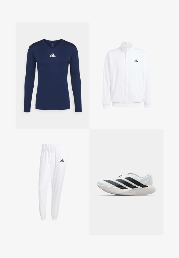Balts viegls jaciņš ar stāvo apkakli, priekšējo rāvējslēdzēju, sānu kabatām un melnu Adidas logo kreisajā krūtī. Mīksta tekstūra.; Jūras spēku garām piedurknēm sporta krekls, izgatavots no teksturēta auduma, ar V-veida kakla izgriezumu un baltu Adidas logotipu uz krūtīm. Vienkāršs dizains, pieguļoša forma.; Baltas sporta bikses, kas izgatavotas no gludas auduma, ar elastīgu jostu un pieguļošiem uzmavām, ar melnu logotipu aizmugurējā kabatā.; Gaiši zili vieglie skriešanas apavi ar melniem svītrainiem. Iezīmēti ar gludu augšpusi, apaļu purngalu un biezāko balto vidējo zoli, kurā ir uzraksts "LIGHTSTRIKE PRO."