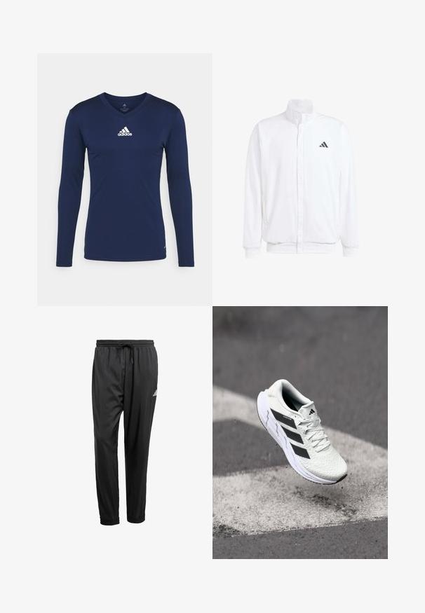 Weiße leichte Jacke mit Stehkragen, durchgehendem Reißverschluss, seitlichen Taschen und schwarzem Adidas-Logo auf der linken Brust. Weicher Stoff.; Navy langärmliges Sporthemd aus strukturiertem Stoff mit V-Ausschnitt und weißem Adidas-Logo auf der Brust. Schlichtes Design, taillierte Form.; Schwarze Sporthose mit elastischem Bund, Kordelzug, Bündchen an den Knöcheln und einem kleinen weißen Logo am rechten Oberschenkel.; Weiße Sportschuh mit strukturiertem Mesh-Obermaterial, schwarzen Streifen, Schnürverschluss und gepolstertem Sohlen, schwebt über einer markierten Straßenoberfläche.