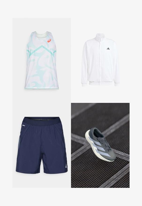 Biela ľahká bunda so stojáčikovým golierom, predným zipsom, bočnými vreckami a čiernym logom Adidas na ľavej hrudi. Mäkčená štruktúra.; Bezrukávové športové tielko v bielej farbe s abstraktnými svetlo akvamarínovými vzormi, s okrúhlym výstrihom a oranžovým logom na hrudi.; Námořnické modré športové šortky s elastickým pásom, bočnými vreckami a svetlosivými akcentmi. Vyrobené z ľahkého, hladkého materiálu pre pohodlie.; Športová obuv v šedej a bielej farbe, vyrobená z umelých materiálov, s aerodynamickým dizajnom, textúrovaným povrchom a výrazným šnurovacím systémom.