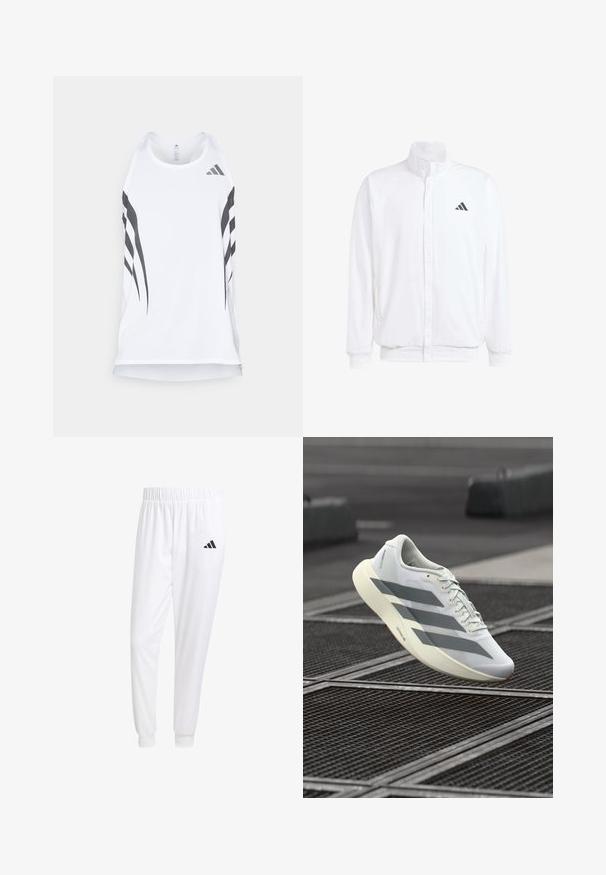 Hvid letvægtsjakke med en ståkrave, frontlynlås, sidelommer og et sort Adidas-logo på venstre bryst. Blød tekstur.; Hvid atletisk tanktop med mesh tekstur, der har sorte diagonale striber og et Adidas-logo nær halsudskæringen. Racerback-design.; Hvide sportsbukser lavet af glat stof, med elastisk talje og tætsiddende manchetter, og med et sort logo på baglommen.; Hvid sportssko med et struktureret mesh-overmateriale, der har grå striber og en polstret sål. Letvægtsdesign, der er velegnet til løb.
