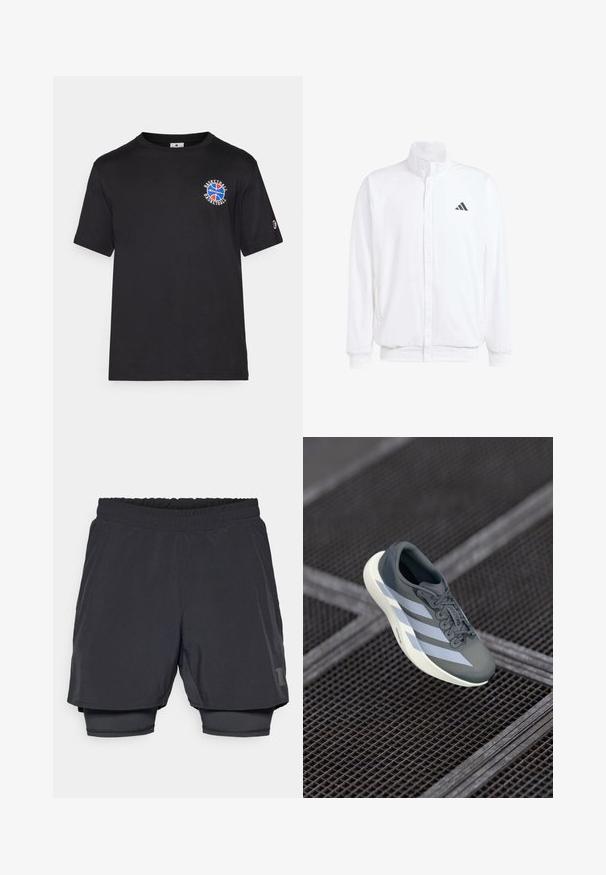 Balts viegls jaciņš ar stāvo apkakli, priekšējo rāvējslēdzēju, sānu kabatām un melnu Adidas logo kreisajā krūtī. Mīksta tekstūra.; Melnā kokvilnas T-krekls ar īsām piedurknēm, kas rotāts ar apļveida sarkano, zilo un baltu basketbola grafiku uz krūtinēs un nelielu logo uz piedurknes.; Melnas sporta šortus ar elastīgu jostasvietu, slāņotu dizainu un pieguļošu iekšējo oderi. Ar vieglu logotipu apakšējā pusē.; Sporta apavi pelēkā un baltā krāsā, izgatavoti no sintētiska materiāla, ar plūstošu dizainu, teksturētu virsmu un izteiktu auklu sistēmu.