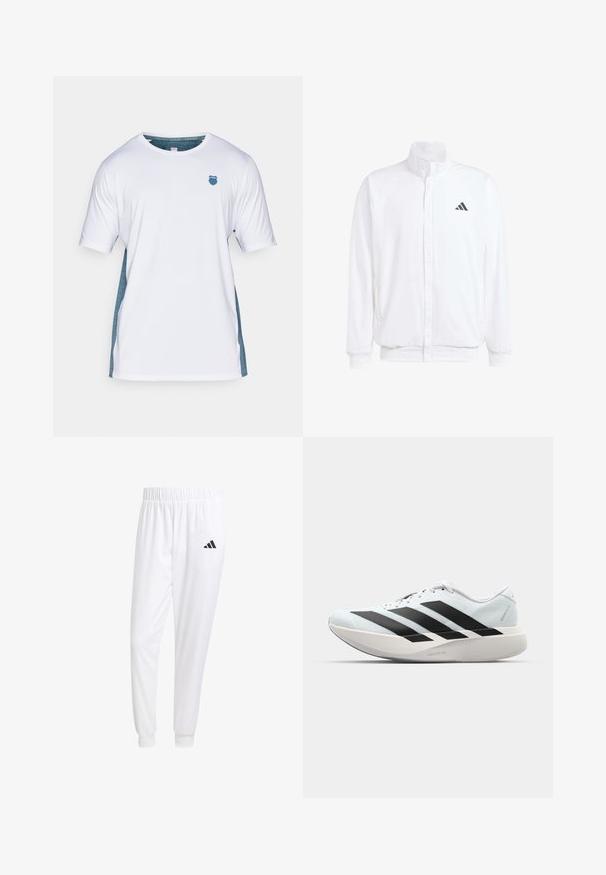 Casaco leve branco com colarinho alto, fecho frontal com zipper, bolsos laterais e um logótipo preto da Adidas no peito esquerdo. Textura suave.; T-shirt branco de manga curta com detalhes laterais em azul-turquesa e um logotipo em forma de escudo azul no peito. Feito de um tecido respirável, com textura suave.; Calças esportivas brancas feitas de tecido suave, com uma cintura elástica e punhos ajustados, apresentando um logo preto no bolso de trás.; Tênis de corrida leves em azul pálido com riscas pretas. Apresentam um cabedal liso, bico redondo e uma entressola espessa branca rotulada como "LIGHTSTRIKE PRO."