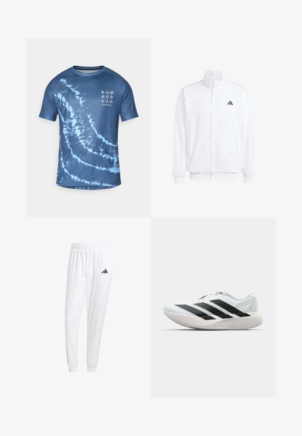 Valkoinen kevyt takki, jossa on pystysuora kaulus, etuvetoketju, sivutaskut ja musta Adidas-logo vasemmassa rinnassa. Pehmeä rakenne.; Sininen tikkari-tyylinen lyhythihainen t-paita, joka on valmistettu kevyestä kankaasta. Ominaisuuksiin kuuluu spiraalimainen kuvio ja "RUN"-teksti valkoisena edessä.; Valkoiset urheiluhousut, jotka on valmistettu sileästä kankaasta, jossa on joustava vyötärö ja istuvat hihat, ja joissa on musta logo takataskussa.; Kevyt juoksukengät vaaleansinisinä mustilla raidoilla. Ominaisuuksiin kuuluu sileä pinta, pyöreä kärki ja paksu valkoinen välipohja, joka on merkitty "LIGHTSTRIKE PRO".