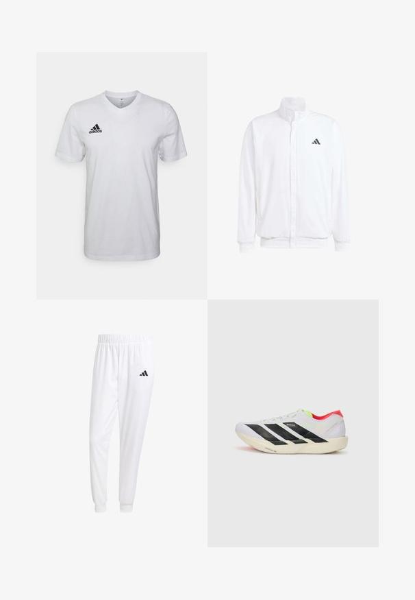 Fehér, könnyű dzseki, álló gallérral, elülső cipzáros záródással, oldalsó zsebekkel és fekete Adidas logóval a bal mellen. Puha tapintású.; Fehér pamut póló V nyakkivágással, rövid ujjal és fekete Adidas logóval a bal mellrészen. Egyszerű és könnyű kivitel.; Fehér sportnadrág sima anyagból, rugalmas derékpánttal és szűkített bokákkal, a hátsó zsebében fekete logóval.; Fehér futócipő fekete csíkokkal, neon zöld részletekkel és piros sarokkal. Könnyű dizájnnal és texturált talppal rendelkezik a tapadás érdekében.