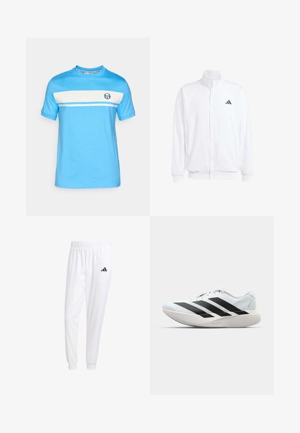 Balts viegls jaciņš ar stāvo apkakli, priekšējo rāvējslēdzēju, sānu kabatām un melnu Adidas logo kreisajā krūtī. Mīksta tekstūra.; Gaiši zils īsām piedurknēm T-krekls ar baltu horizontālu svītru un mazu logo uz krūtīm. Izgatavots no mīksta kokvilnas materiāla.; Baltas sporta bikses, kas izgatavotas no gludas auduma, ar elastīgu jostu un pieguļošiem uzmavām, ar melnu logotipu aizmugurējā kabatā.; Gaiši zili vieglie skriešanas apavi ar melniem svītrainiem. Iezīmēti ar gludu augšpusi, apaļu purngalu un biezāko balto vidējo zoli, kurā ir uzraksts "LIGHTSTRIKE PRO."