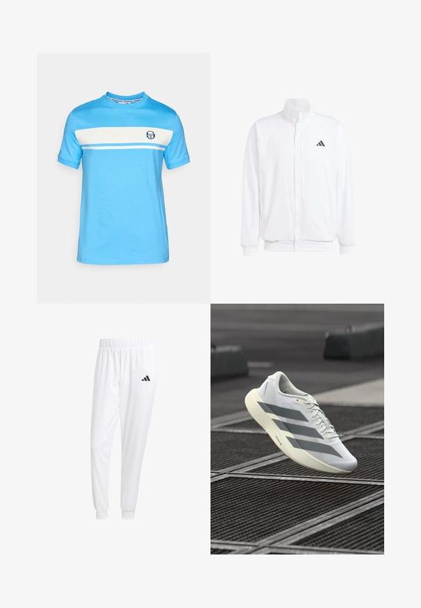 Bijela lagana jakna s visokim ovratnikom, prednjim zatvaračem, bočnim džepovima i crnim Adidas logom na lijevoj sisi. Mekana tekstura.; Svijetloplavi kratki rukavi T-shirt s bijelom horizontalnom prugom i malim logotipom na prsima. Izrađen od mekog pamučnog materijala.; Bijele atletske hlače od glatkog materijala, sa elastičnom vrpcom u struku i pripijenim manžetama, sa crnim logom na stražnjem džepu.; Bijela sportska cipela s teksturiranim mrežastim gornjim dijelom, s sivim prugama i jastučićastim potplatom. Lagan dizajn pogodan za trčanje.